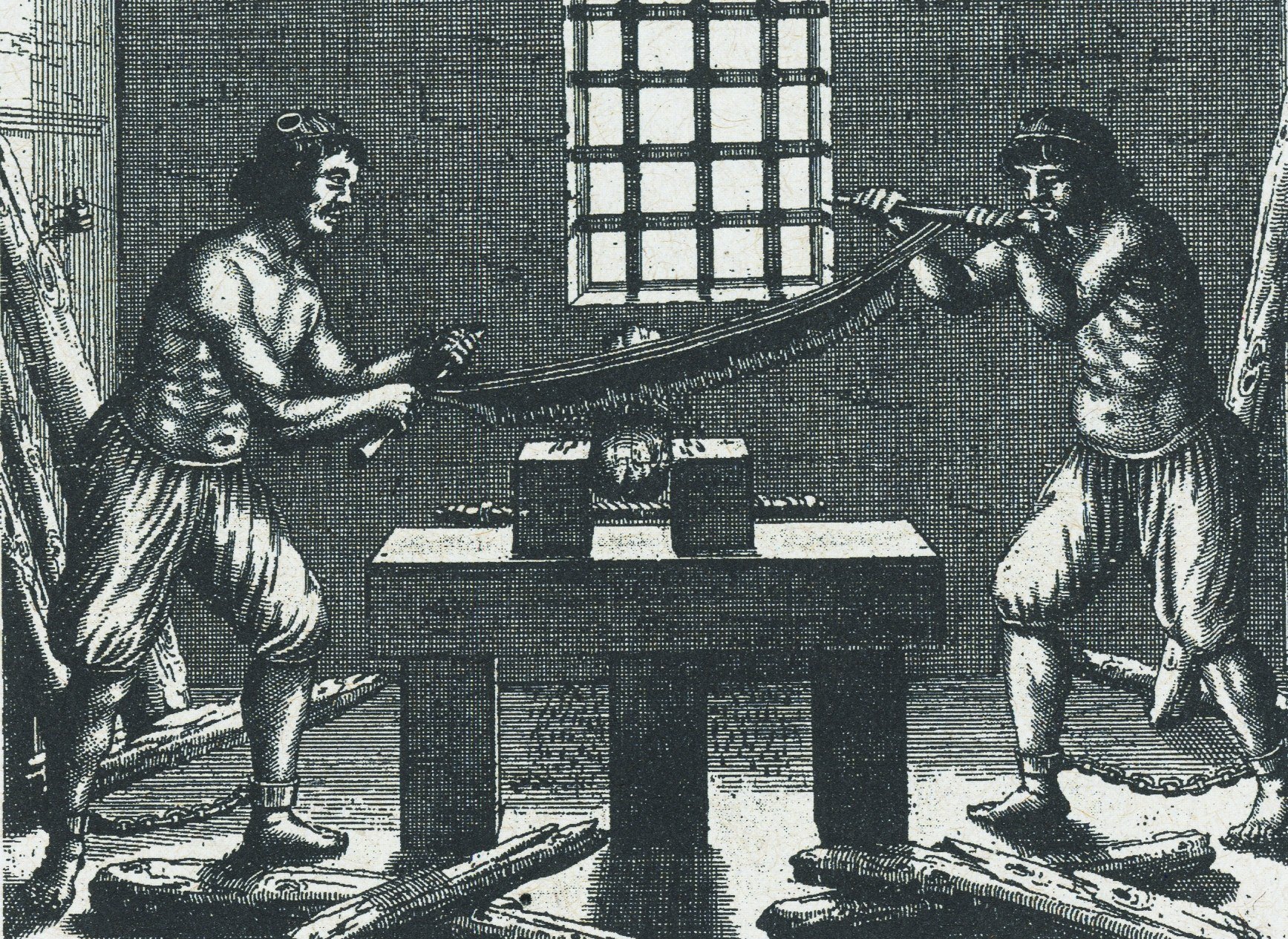 Historische Darstellung von Arbeitern beim Zerkleinern von Farbstoffholz.